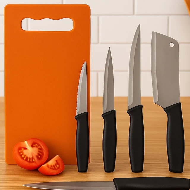 Kitchen Knife Set with Plastic Chopping Board – Pack of 5