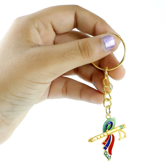 Krishna Flute Keychain – Durable Metal with Peacock Feather Design