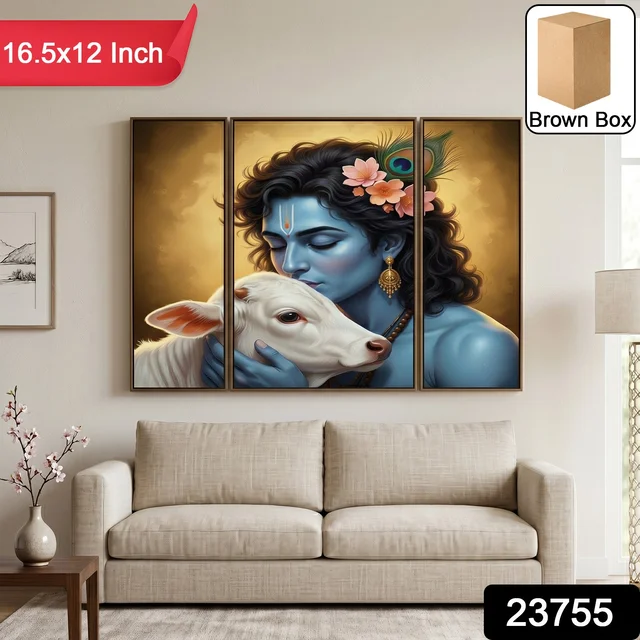 Krishna N Cow Wall Art – Vibrant 3 Panel MDF Design for Home