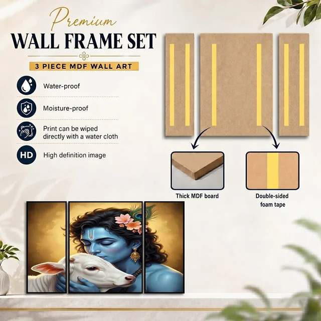 Krishna N Cow Wall Art – Vibrant 3 Panel MDF Design for Home
