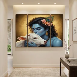 Krishna N Cow Wall Art – Vibrant 3 Panel MDF Design for Home