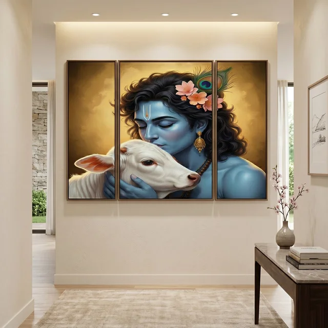 Krishna N Cow Wall Art – Vibrant 3 Panel MDF Design for Home