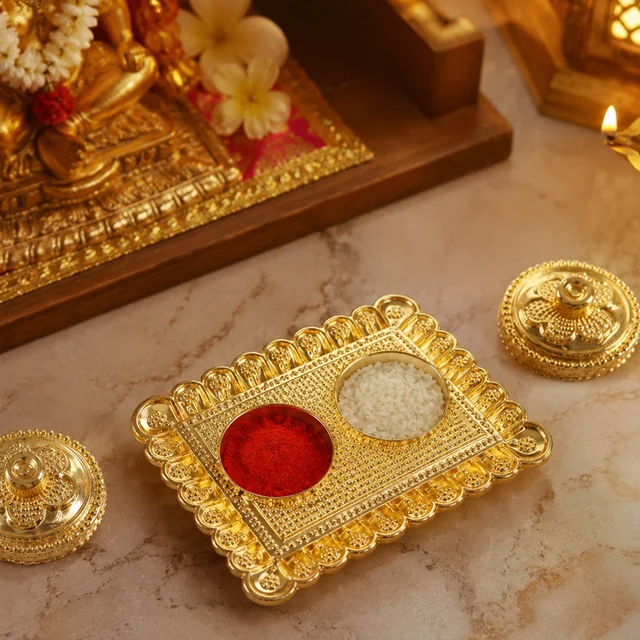 Kumkum Holder – Elegant Golden Floral Pooja Accessories