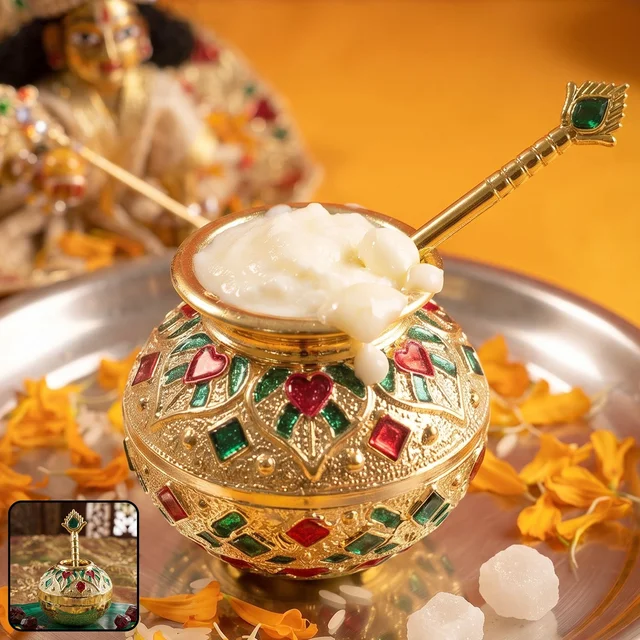 Laddu Gopal Makhan Matki with Spoon Set Decorative Pooja Pot (2 Pc Set)