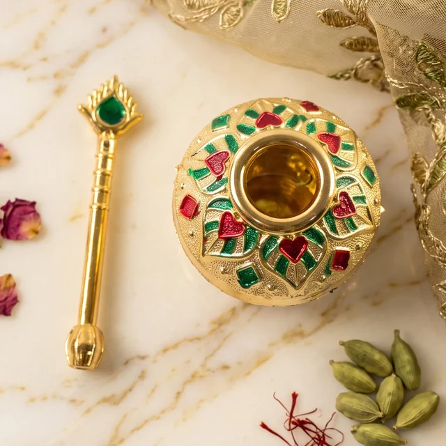 Laddu Gopal Makhan Matki with Spoon Set Decorative Pooja Pot (2 Pc Set)