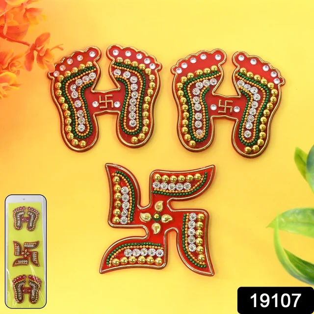Laxmi Charan & Swastik Decorative Sticker Set – 3pc Festive Rangoli
