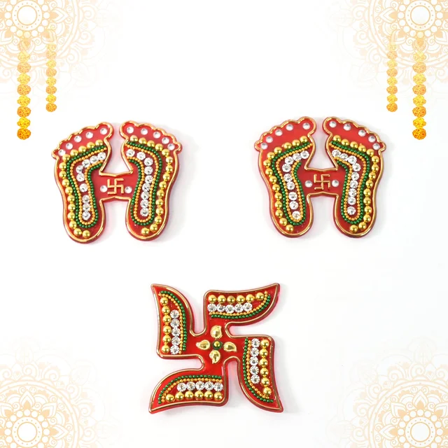 Laxmi Charan & Swastik Decorative Sticker Set – 3pc Festive Rangoli