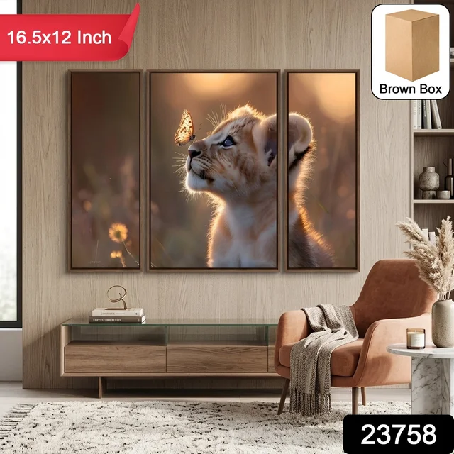 Lion Cub Wall Art – Vibrant 3-Panel MDF Wall Decor