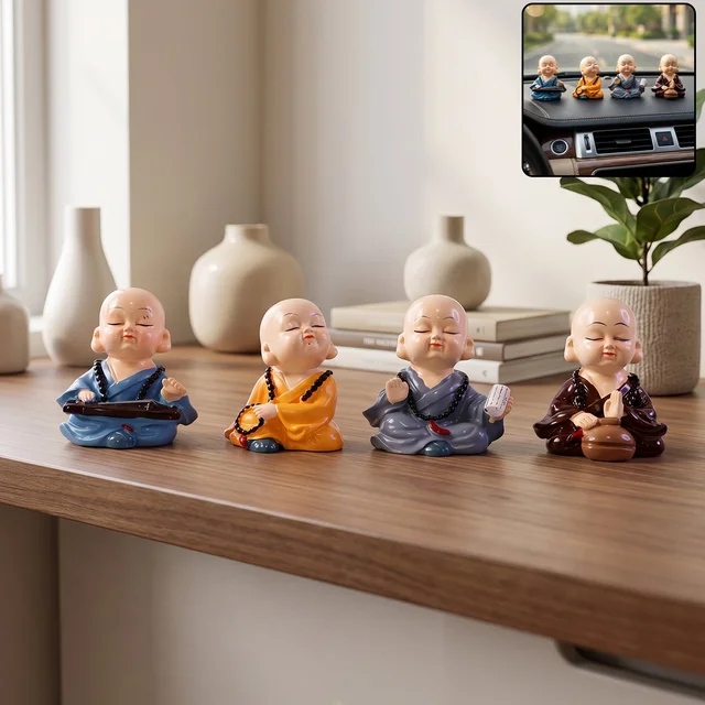 Little Monk Buddha Statue Set for Car Dashboard, Office Desk and Home Decor (4 Pc)