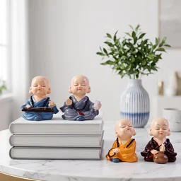 Little Monk Buddha Statue Set for Car Dashboard, Office Desk and Home Decor (4 Pc)
