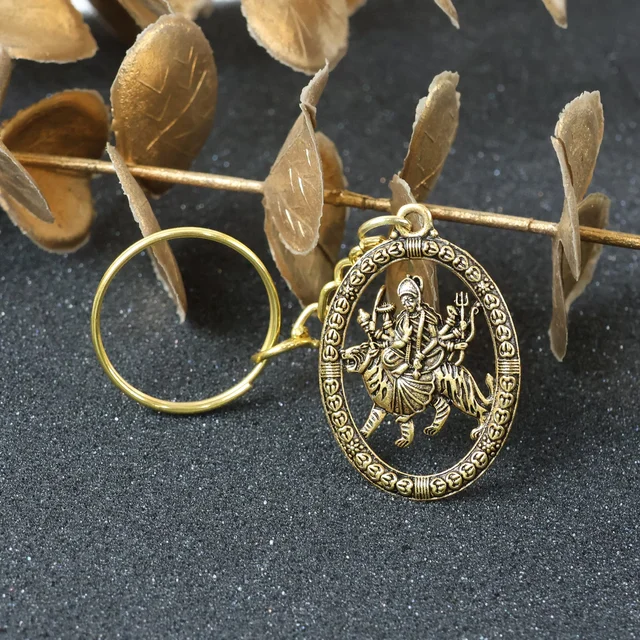 Maa Durga Golden Oval Frame Keychain – Spiritual Protection