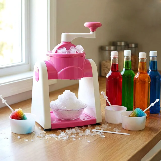 Manual Ice Crusher – Compact Pink Ice Shaver with Hand Crank