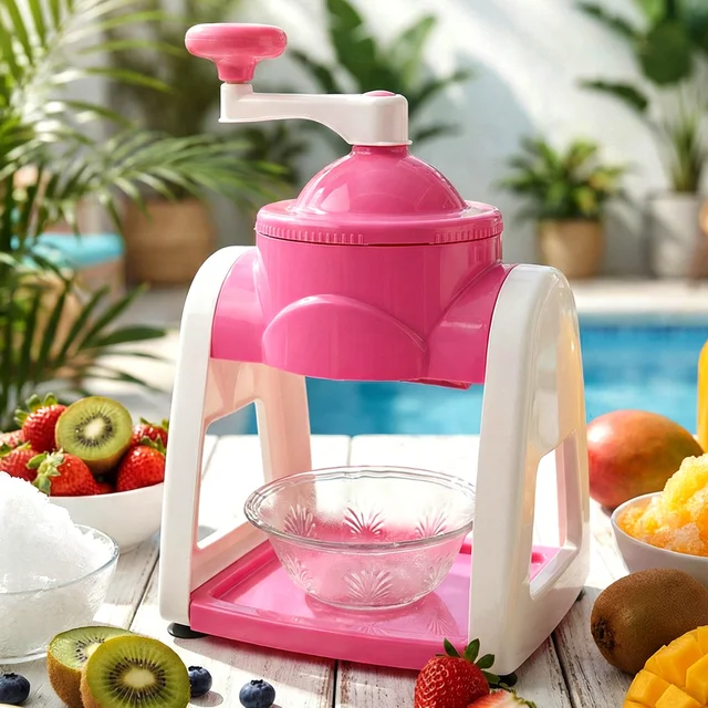 Manual Ice Crusher – Compact Pink Ice Shaver with Hand Crank