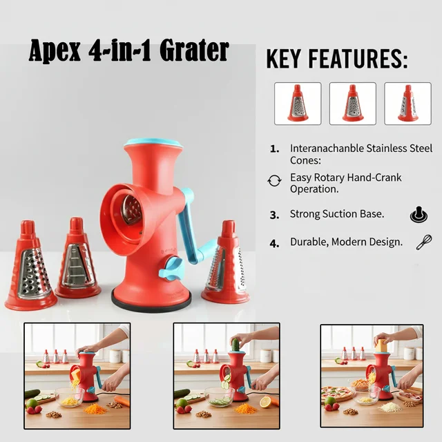 Manual Rotary Grater – 4 in 1 Interchangeable Blades for Easy Grating