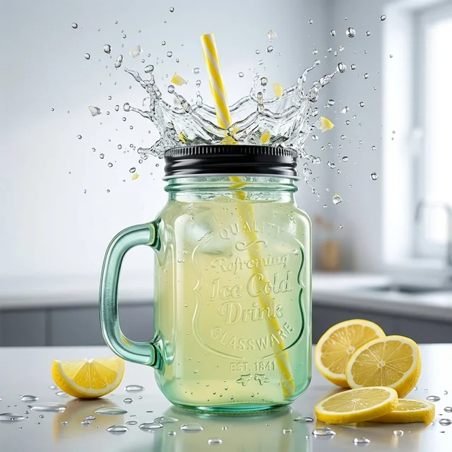 Mason Jar with Handle – Glass Drinking Cup & BPA-Free Straw | Indo Glow
