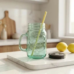 Mason Jar with Handle – Glass Drinking Cup & BPA-Free Straw | Indo Glow
