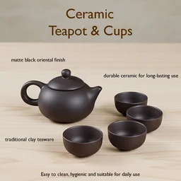 Matte Black Ceramic Tea Set – Elegant Teapot with 4 Cups