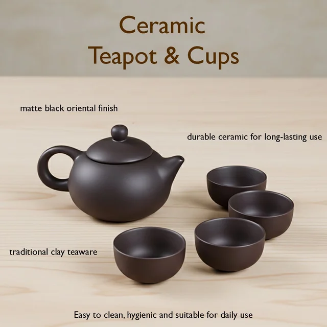 Matte Black Ceramic Tea Set – Elegant Teapot with 4 Cups