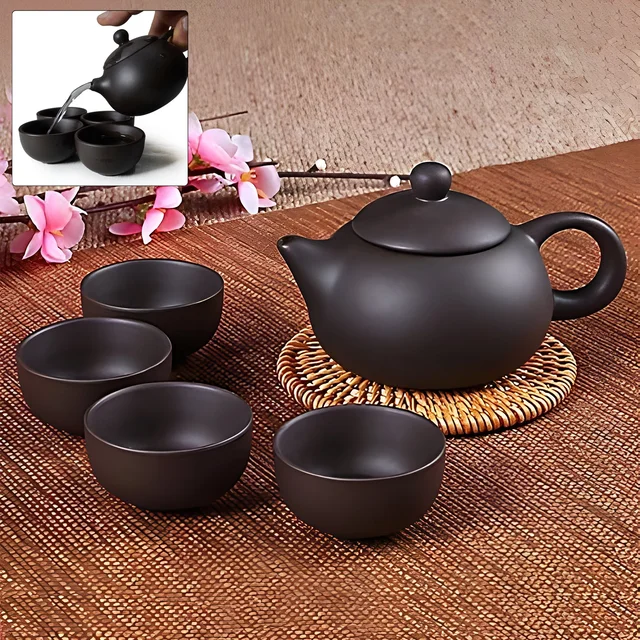Matte Black Ceramic Tea Set – Elegant Teapot with 4 Cups