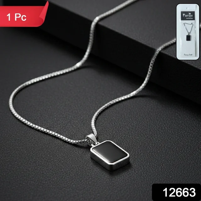 Men's Stainless-Steel Pendant Chain – Sleek Black Rectangle