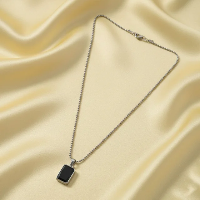 Men's Stainless-Steel Pendant Chain – Sleek Black Rectangle