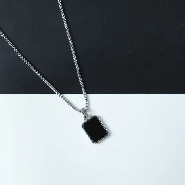 Men's Stainless-Steel Pendant Chain – Sleek Black Rectangle