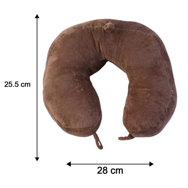 Men's U Shaped Soft Brown Plush Travel Neck Pillow for Head Support (1 Pc)
