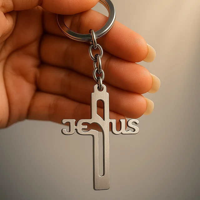 Metal Cross Keychain – Gujarati Jesus Script for Spiritual Style