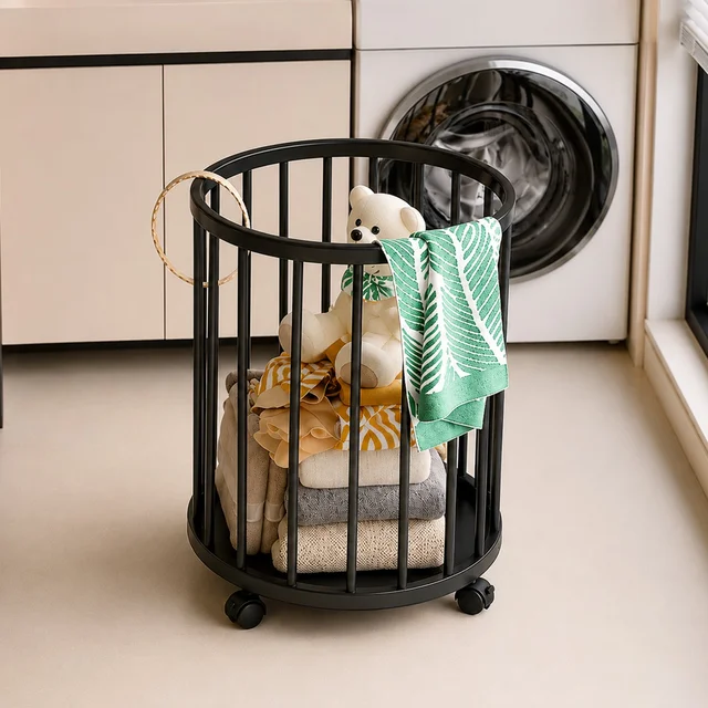 Metal Laundry Basket with Wheels, Round Standing Dirty Clothes Hamper (1 Pc)