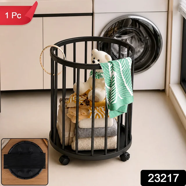 Metal Laundry Basket with Wheels, Round Standing Dirty Clothes Hamper (1 Pc)