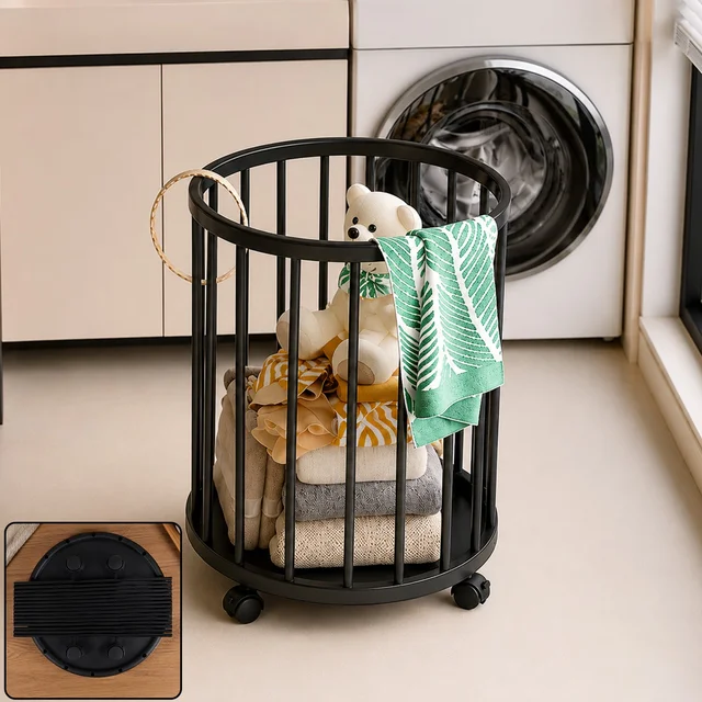 Metal Laundry Basket with Wheels, Round Standing Dirty Clothes Hamper (1 Pc)