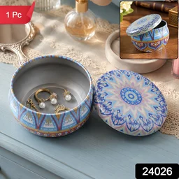 Metal Mandala Tin Box, Decorative Round Container for Candle and Trinkets (1 Pc)