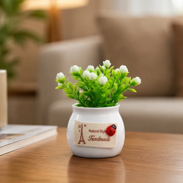Mini Artificial Plant with Ceramic Pot White Flower Bonsai for Home Decor (1 Pc)