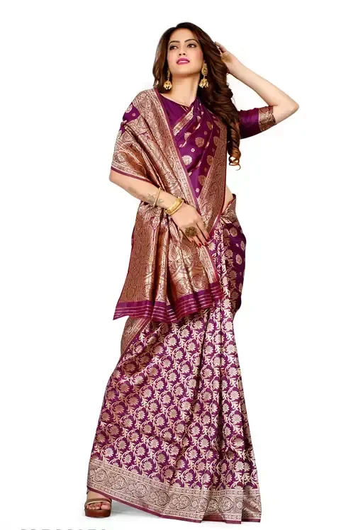 Banarasi Silk Purple Jacquard Saree With Blouse Mo - Free Size