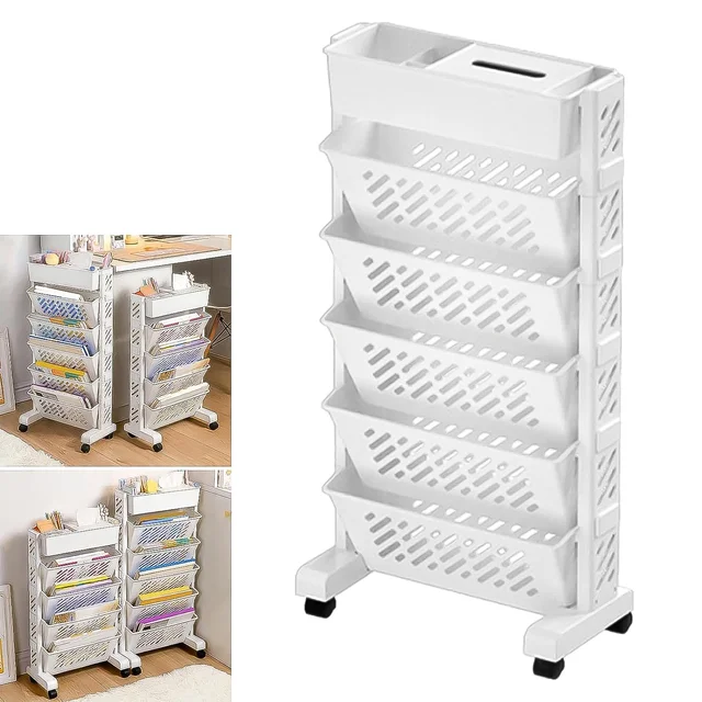 Movable Plastic Bookshelf – Large 5-Tier Rotatable Organizer
