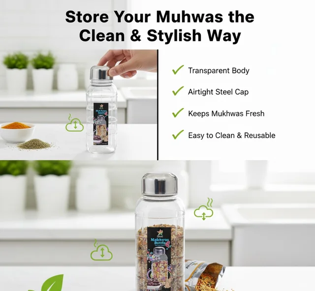 Mukhwas Bottle – Transparent Plastic with Steel Cap | Velvet Wheels