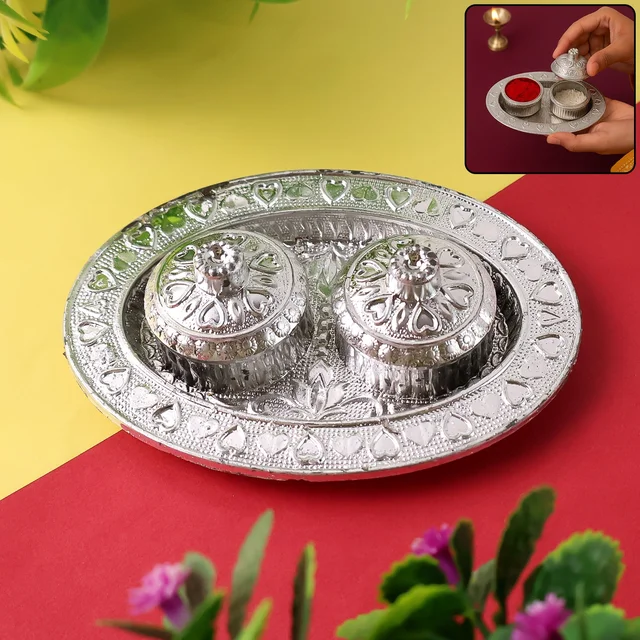 Oval Puja Thali with Kumkum Holders – Traditional & Durable Design