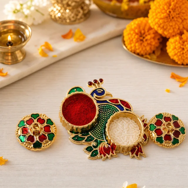 Peacock Kumkum Dani Kankavati – Elegant Pooja & Ritual Holder
