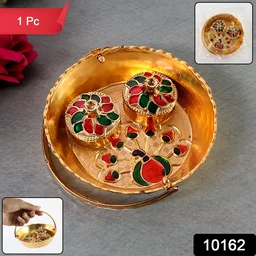 Peacock Meenakari Pooja Tray – Elegant Gold-Tone with Kumkum Bowls