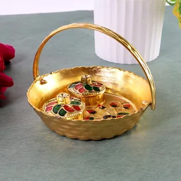Peacock Meenakari Pooja Tray – Elegant Gold-Tone with Kumkum Bowls