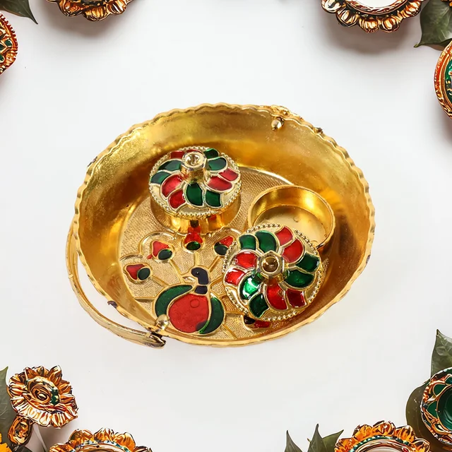 Peacock Meenakari Pooja Tray – Elegant Gold-Tone with Kumkum Bowls