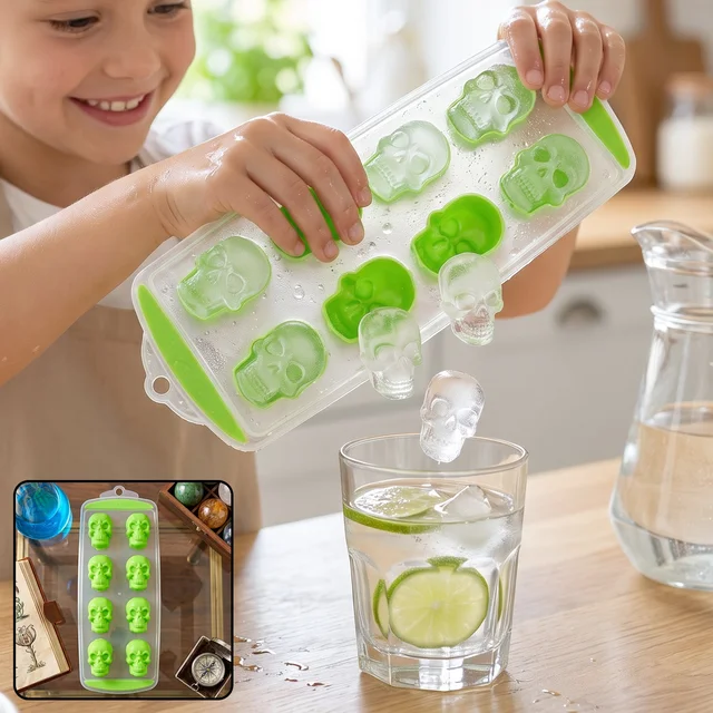 Plastic 8 Grid Ice Cube Tray with Lid Skull Shape Freezer Ice Mold (1 Pc)