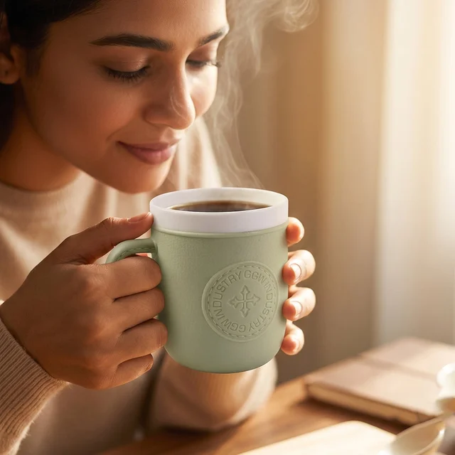 Plastic Coffee Mug with Handle – Leather-Textured Reusable Cup