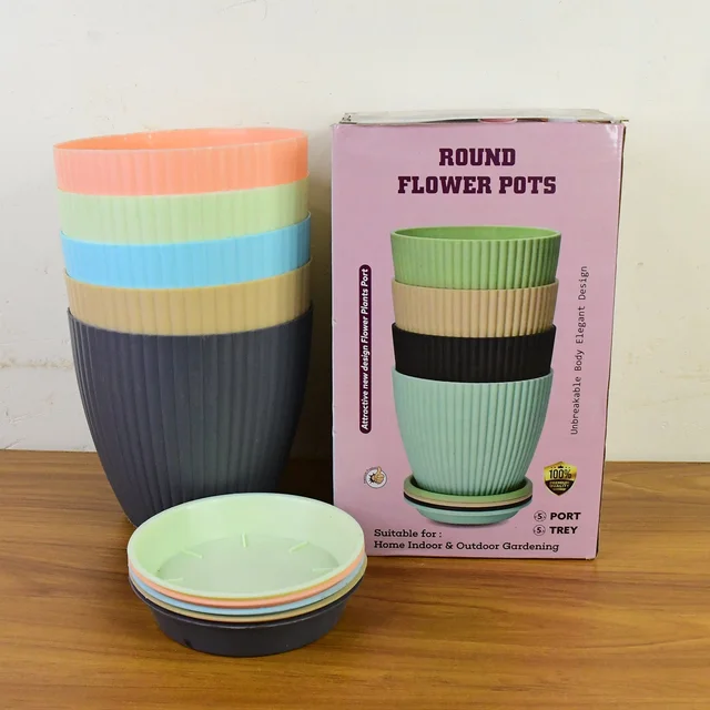 Plastic Flower Pot Set – Round 5 Pcs with Tray |
