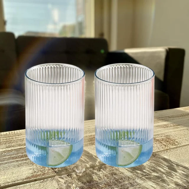 Plastic Glass Set – 6 Tall Ribbed 300ml Unbreakable Glasses