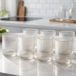Plastic Glass Set – 6 Tall Ribbed 300ml Unbreakable Glasses