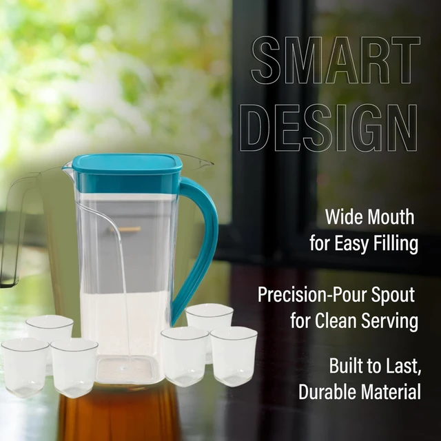 Plastic Jug with 6 Glass Set – 1.5L Unbreakable & Elegant