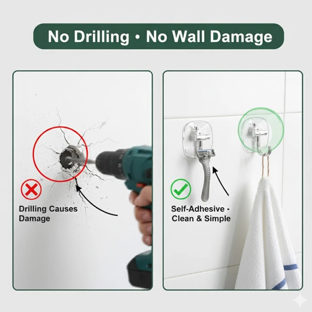 Plastic Self Adhesive Wall Hooks – Heavy Duty 15KG Capacity
