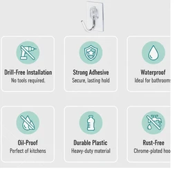 Plastic Self Adhesive Wall Hooks – Heavy Duty 15KG Capacity