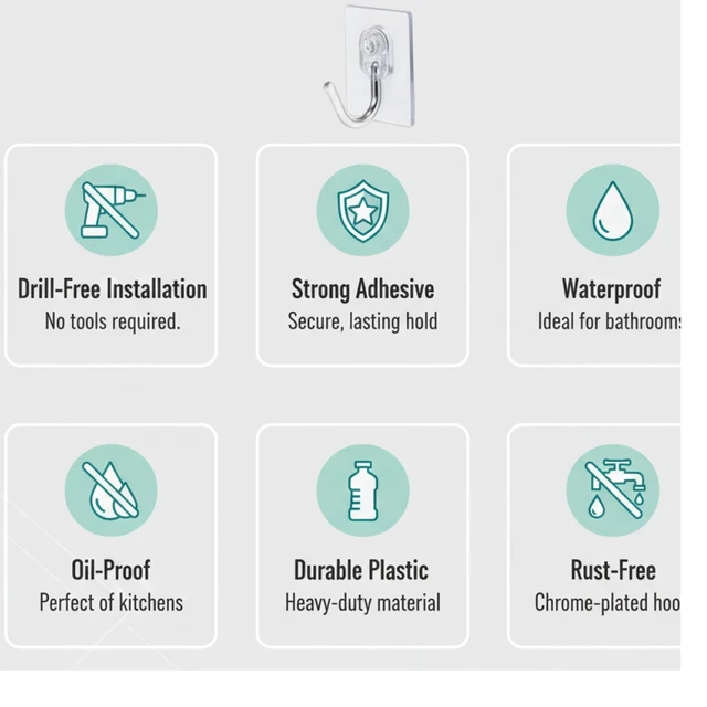 Plastic Self Adhesive Wall Hooks – Heavy Duty 15KG Capacity